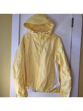 Columbia women's yellow/white hooded waterproof rain jacket 2 sidepockets XL